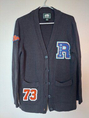 Roots Cardigan With Chenille Patches  Women's M Navy 100% Cotton